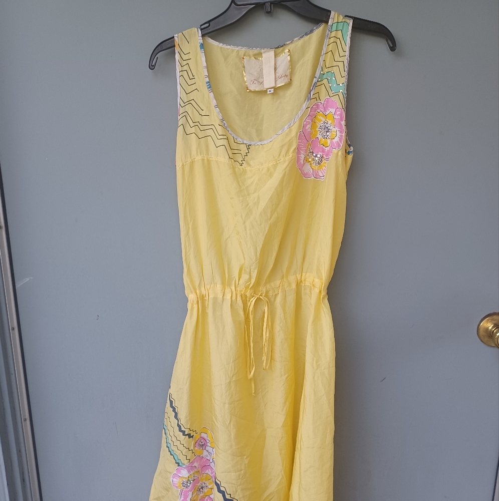 Johnny Was For Love and Liberty yellow silk drawstring dress S.